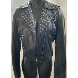 Trouve Womens Black Studded Leather Moto Jacket Biker Punk HL230046MI XS